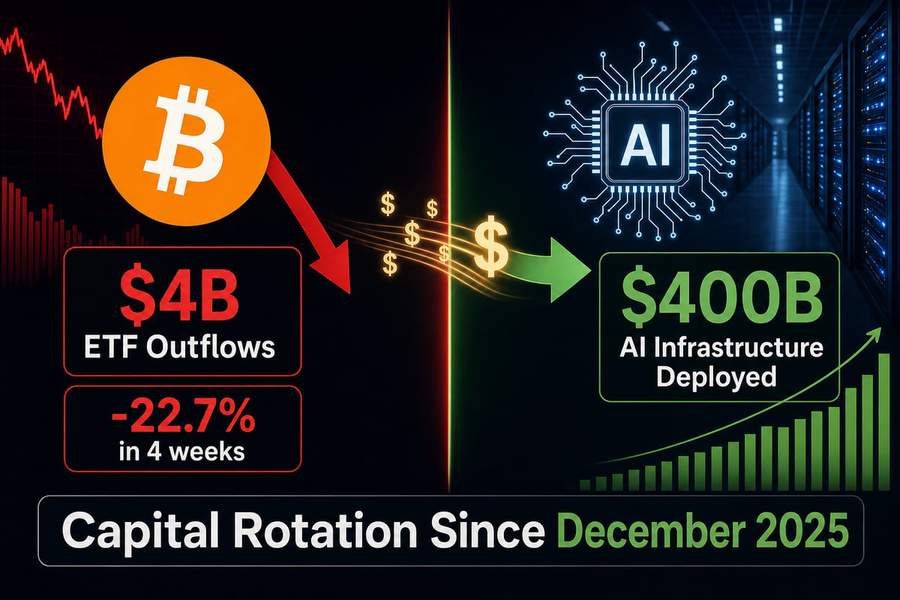 Infographic comparing $4 billion in Bitcoin ETF outflows to $400 billion deployed into AI infrastructure