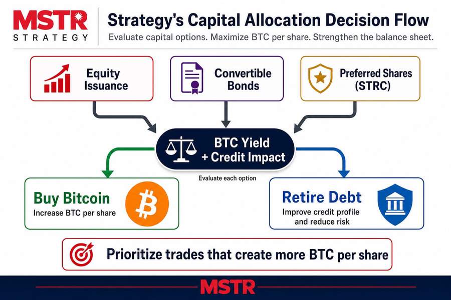 Diagram showing Strategy&rsquo;s capital allocation decision framework balancing BTC yield and credit impact