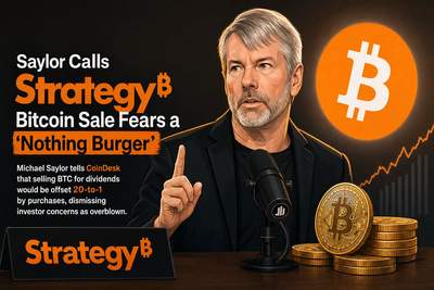 Michael Saylor discussing Strategy's bitcoin treasury approach with financial charts in background