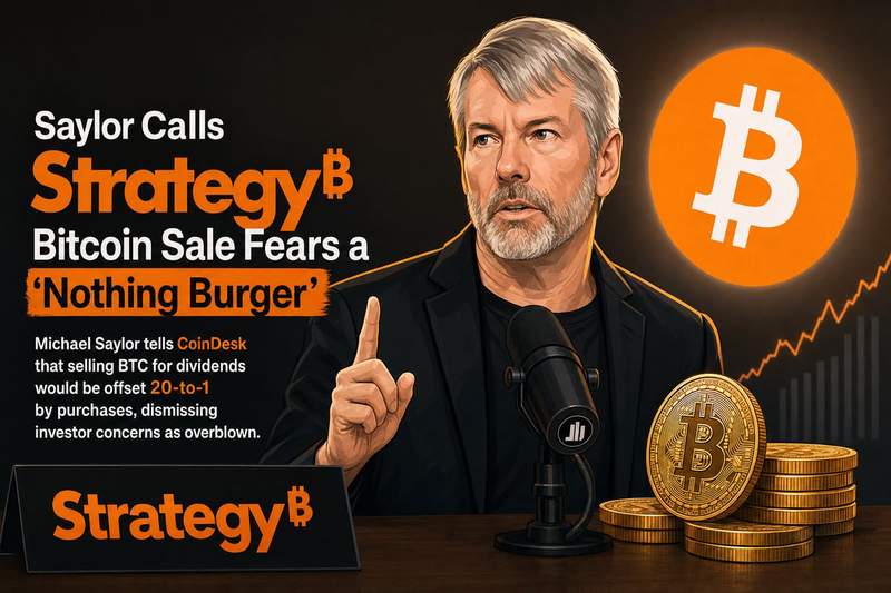 Michael Saylor discussing Strategy's bitcoin treasury approach with financial charts in background