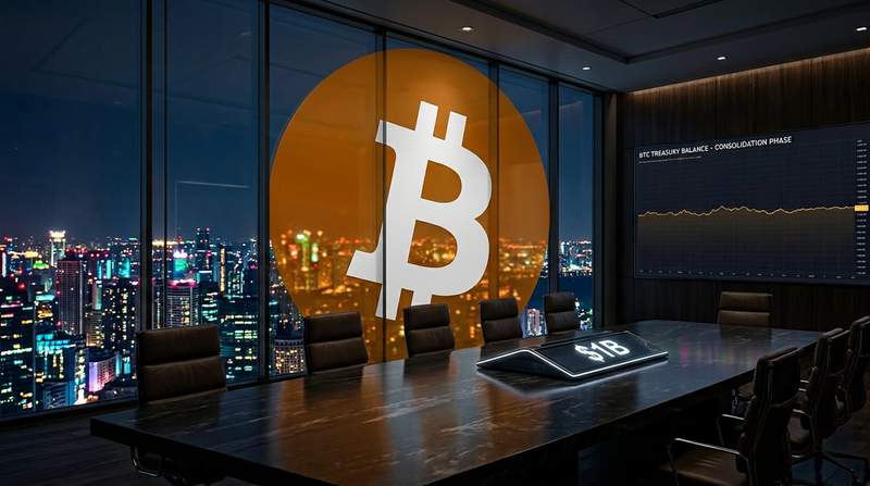 Michael Saylor speaking at a conference with Bitcoin price charts in the background