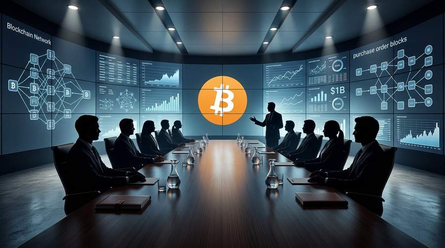 Michael Saylor presenting Bitcoin purchase strategy in MicroStrategy boardroom