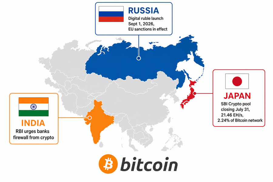 Asia map showing SBI Crypto mining pool closure in Japan, RBI banking restrictions in India, and Russia digital ruble September launch