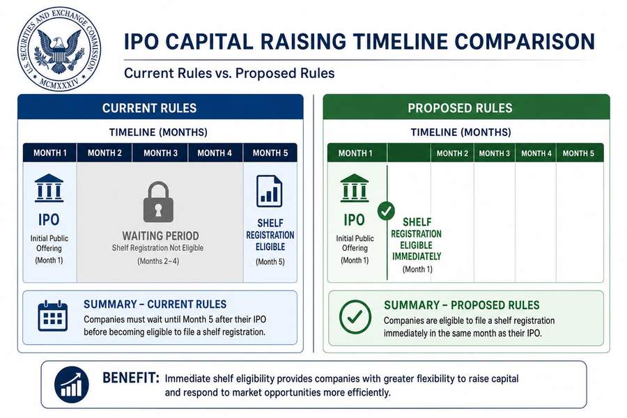 Timeline comparison showing current IPO rules with waiting period versus proposed rules allowing immediate capital raising