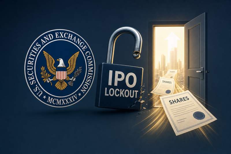 SEC building with document showing IPO timeline changes and capital flow arrows