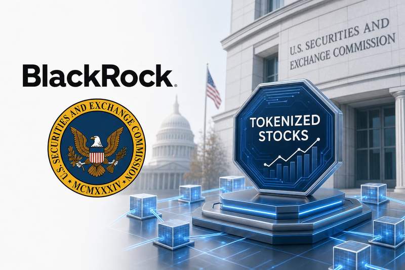 SEC building with blockchain network graphics overlaid representing tokenized stock framework