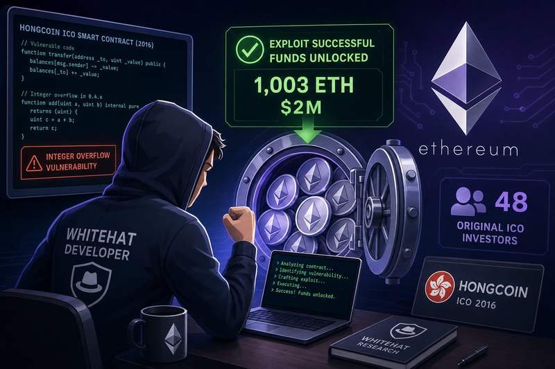 Diagram showing the integer-overflow exploit path that unlocked 1,003 ETH from a 2016 HongCoin ICO smart contract