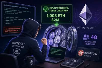 Diagram showing the integer-overflow exploit path that unlocked 1,003 ETH from a 2016 HongCoin ICO smart contract