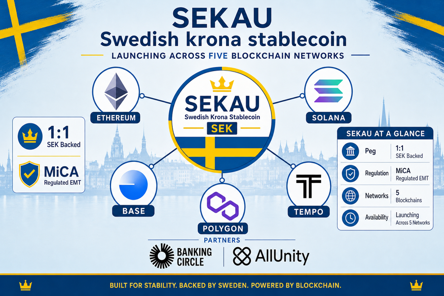 Infographic showing SEKAU stablecoin launching across Ethereum, Solana, Base, Polygon, and Tempo networks with MiCA compliance
