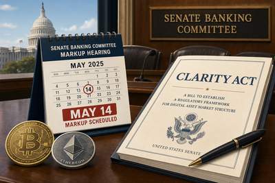 Senate Banking Committee hearing room with CLARITY Act legislation documents and cryptocurrency symbols