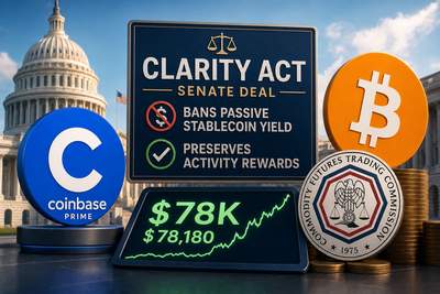 Bitcoin price chart showing recovery to $78,000 alongside Senate Clarity Act compromise text headline