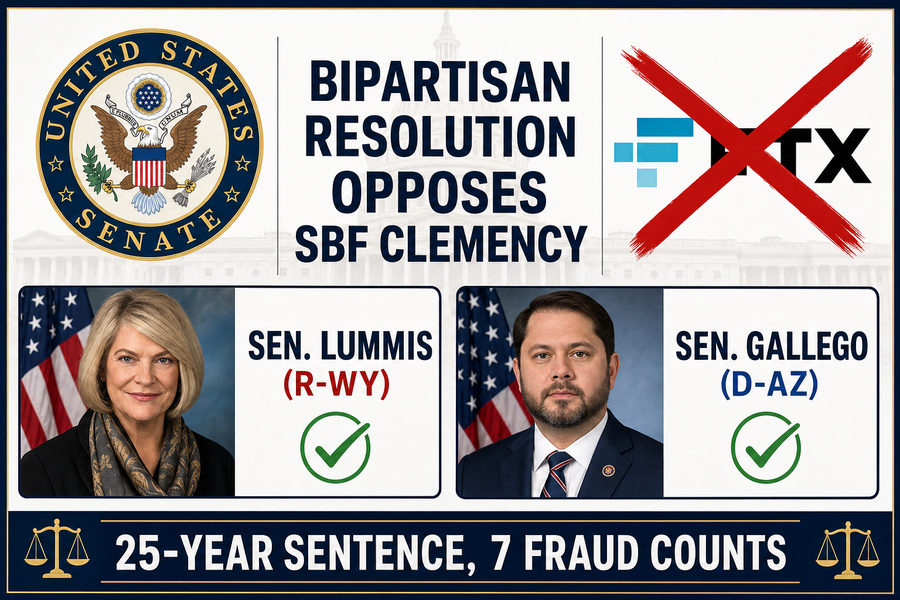 Infographic showing US Senate seal and crossed-out FTX logo with Senators Lummis and Gallego supporting resolution against SBF pardon
