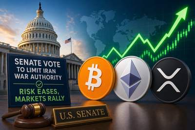 Bitcoin, Ethereum, and XRP price charts rebounding with U.S. Capitol building in background
