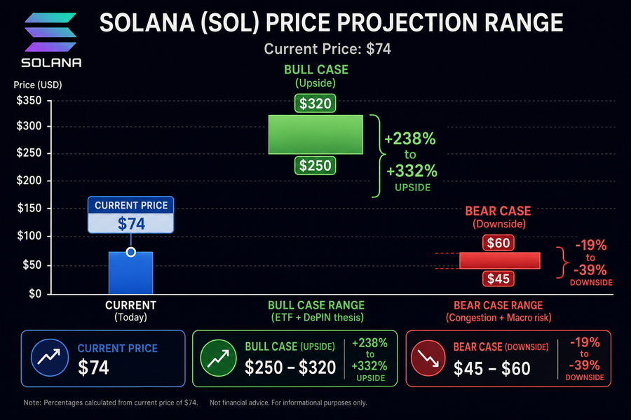 Infographic showing Gemini AI&rsquo;s Solana price projections with bull case of $250-$320 and bear case of $45-$60