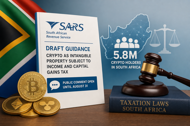 South African Revenue Service building with crypto asset taxation guidance document