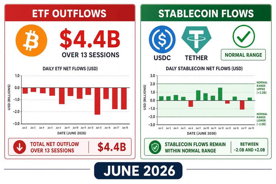 Infographic comparing $4.4 billion Bitcoin ETF outflows versus normal stablecoin flow ranges in June 2026