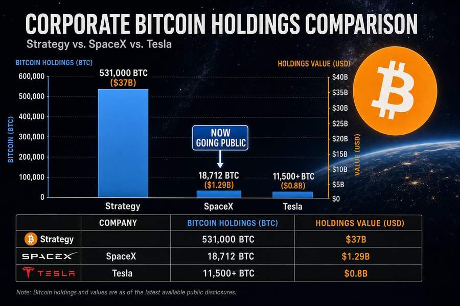 Bar chart comparing corporate Bitcoin holdings between Strategy, SpaceX, and Tesla with SpaceX highlighted as going public