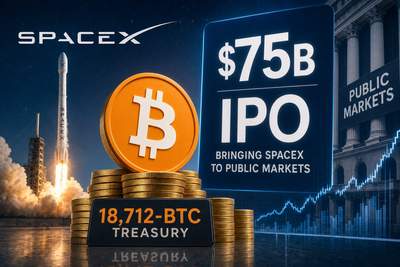SpaceX rocket launching with Bitcoin imagery representing the company's crypto treasury entering public markets
