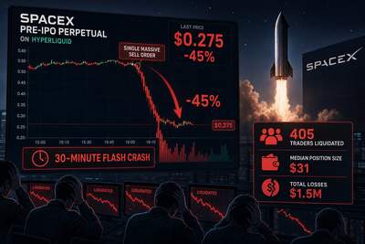 SpaceX perpetual contract flash crash chart showing 45% drop on Hyperliquid