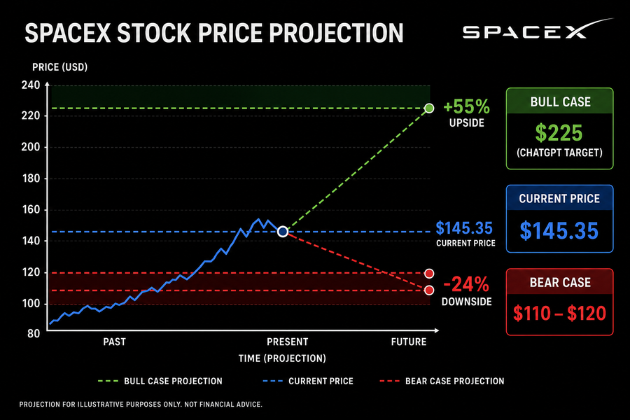 SpaceX stock price projection showing $145 current price with $225 bull target and $110-120 bear case