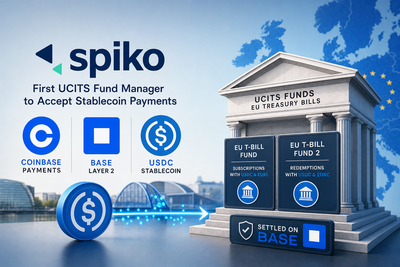 Diagram showing stablecoin payment flow from investor wallet through Coinbase Payments to Spiko UCITS Treasury funds settling on Base