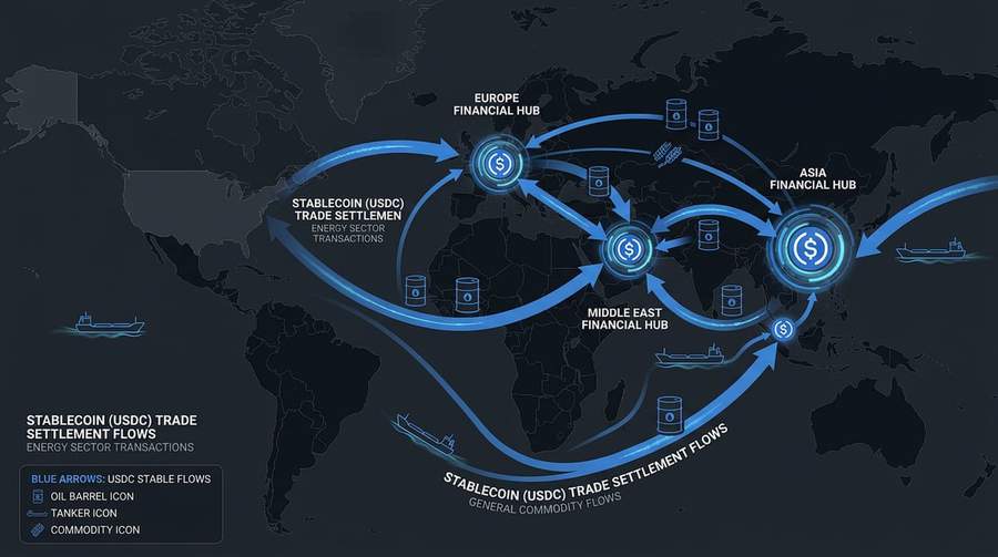 Diagram showing stablecoin payment flows between international commodity traders across Asia, Europe and Middle East