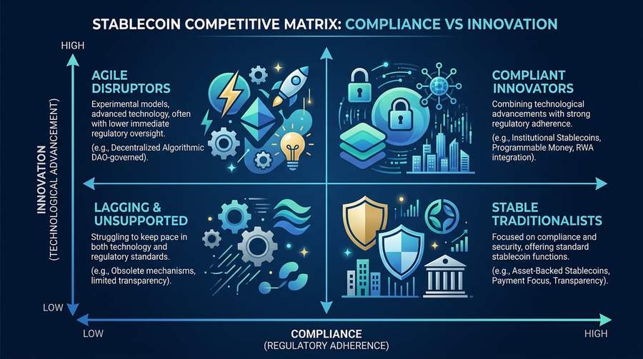 2x2 competitive matrix showing stablecoin positioning based on compliance and innovation features