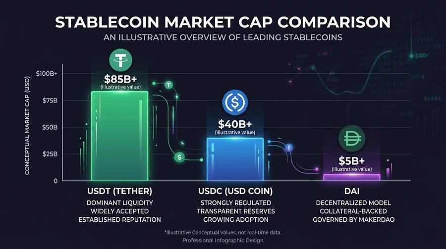 Bar chart comparing market caps of major stablecoins with color-coded impact levels from yield prohibition