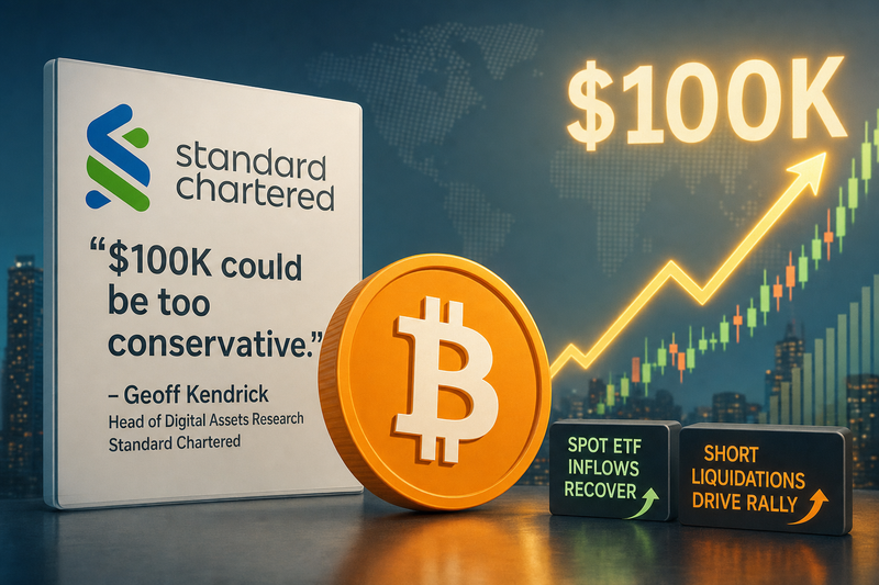 Bitcoin price chart showing rally toward $100K with Standard Chartered logo