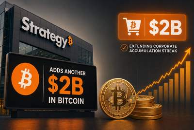 Strategy company logo with Bitcoin symbol and $2 billion purchase visualization