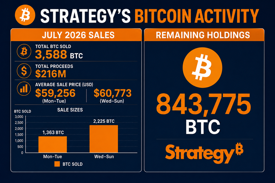 Infographic showing Strategy&rsquo;s July 2026 Bitcoin sales of 3,588 BTC for $216 million alongside remaining holdings of 843,775 BTC