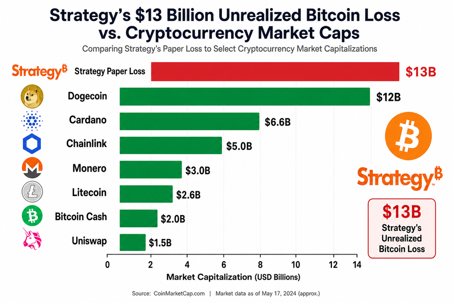 Bar chart comparing Strategy’s $13 billion bitcoin paper loss to the market capitalizations of Dogecoin, Cardano, Chainlink, and other major cryptocurrencies