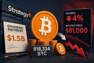 Strategy corporate building with Bitcoin symbols and dividend payment flow arrows