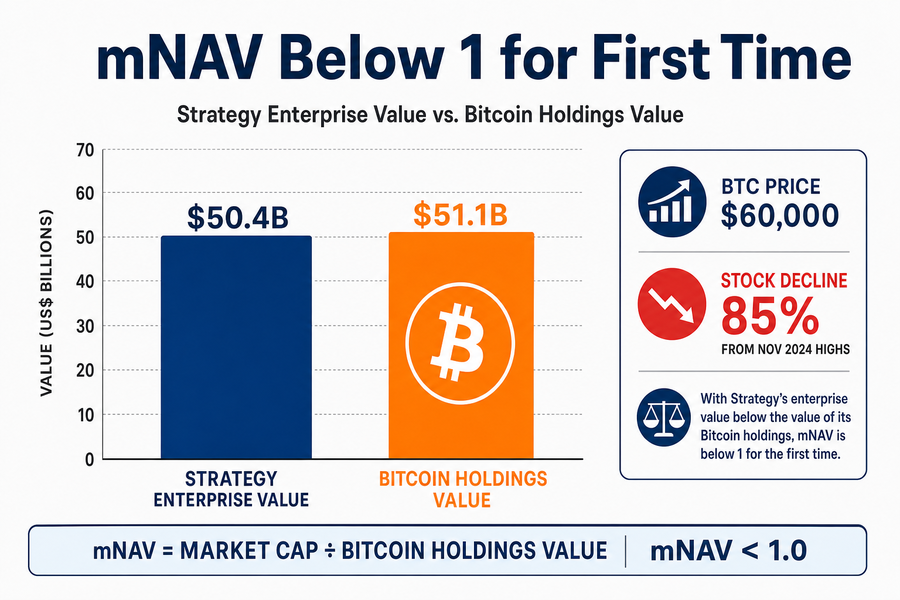 Bar chart comparing Strategy enterprise value of $50.4 billion versus bitcoin holdings worth $51.1 billion