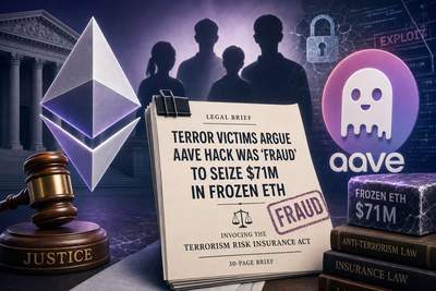 Legal documents and frozen Ethereum tokens representing the terror victims' court battle over Aave hack funds