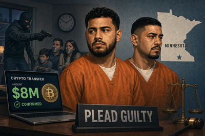 Federal court gavel next to cryptocurrency symbols representing armed crypto robbery prosecution