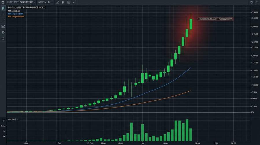 Cryptocurrency price chart showing 6,000% rally with massive volume spikes