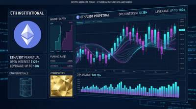 Digital trading interface showing tokenized perpetual swap volumes and commodities price charts