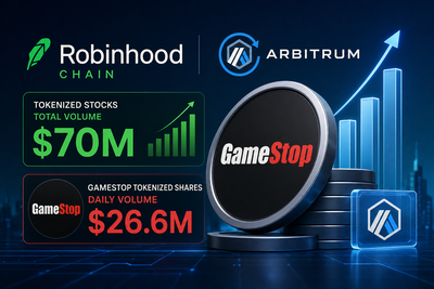 Bar chart showing tokenized stock trading volume on Robinhood Chain with GameStop, Nvidia, and SpaceX leading