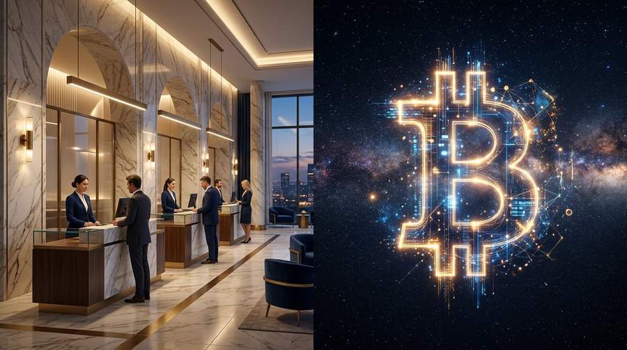 Traditional bank interior merging with digital Bitcoin imagery