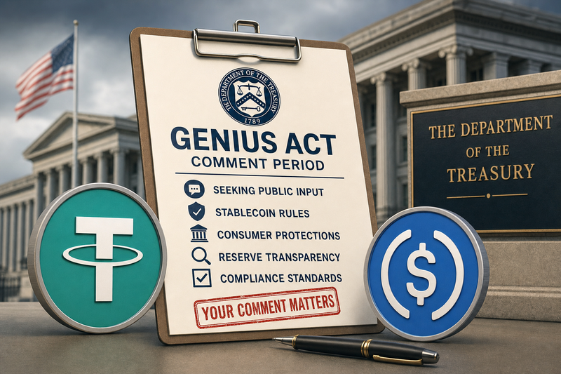 US Treasury building with stablecoin symbols and GENIUS Act regulation timeline