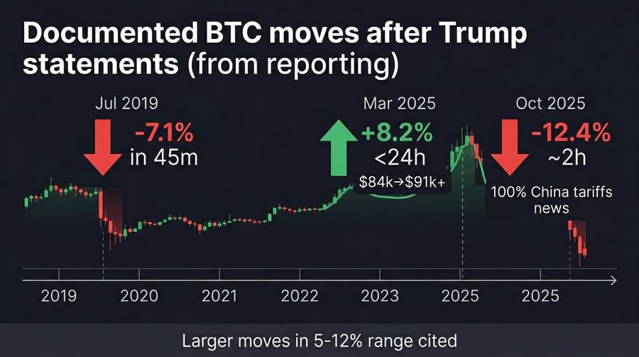 Illustrative timeline of BTC reactions to several widely cited Trump-era statements (magnitudes from reporting above)
