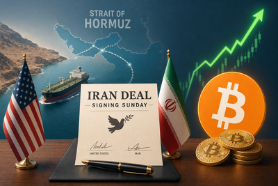 Bitcoin price chart alongside oil barrels and the Strait of Hormuz shipping route