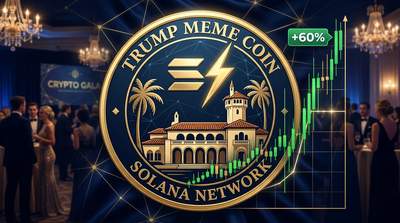 TRUMP meme coin logo and Mar-a-Lago estate with Solana blockchain elements, price chart showing 60% spike, and crypto gala theme on dark background