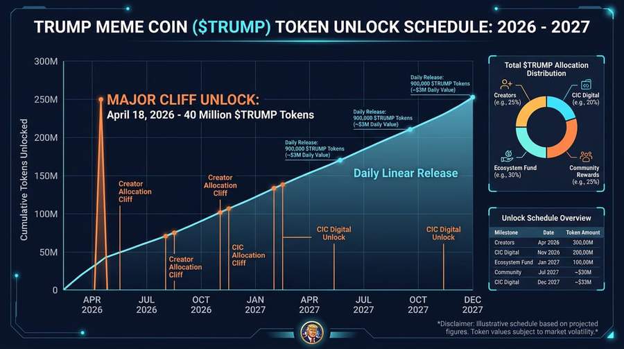 TRUMP meme coin token unlock schedule showing daily releases and major cliff unlock events through 2027