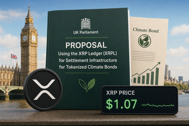 XRP Ledger diagram showing tokenized climate bond settlement flow through UK Parliament proposal