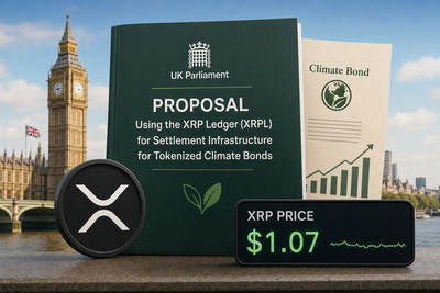 XRP Ledger diagram showing tokenized climate bond settlement flow through UK Parliament proposal