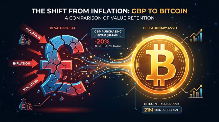 Illustrative fiat debasement vs fixed-supply Bitcoin (conceptual; not investment advice)