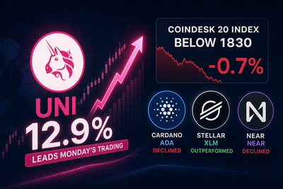 CoinDesk 20 Index performance chart showing Uniswap leading gains while index trades lower
