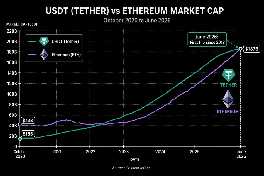 Line chart showing Tether USDT and Ethereum market cap convergence from 2020 to 2026 crossover